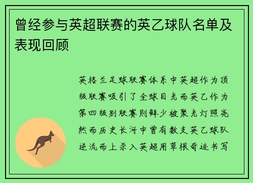 曾经参与英超联赛的英乙球队名单及表现回顾